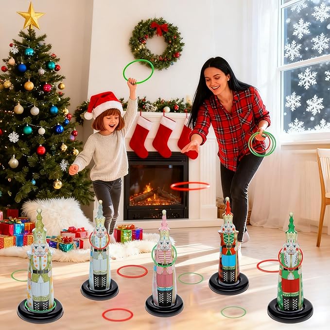 Christmas Ring Toss Games for Family Kids Party 5 Pack Inflatable Nutcrackers Toss Game Adults for Indoor Outdoor Garden Toys Gifts Holiday Decorations
