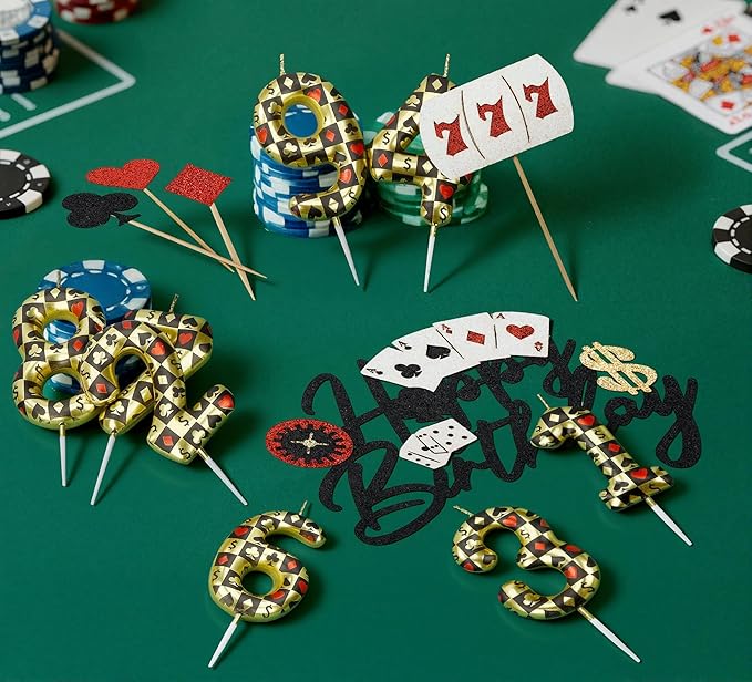 Casino Birthday Number Candles for Cake, Poker Birthday Candles for Casino Themed Birthday Party Decoration, Glitter Casino Birthday Cake Topper for Casino Night Theme Birthday Cake(Number 34 & 43)