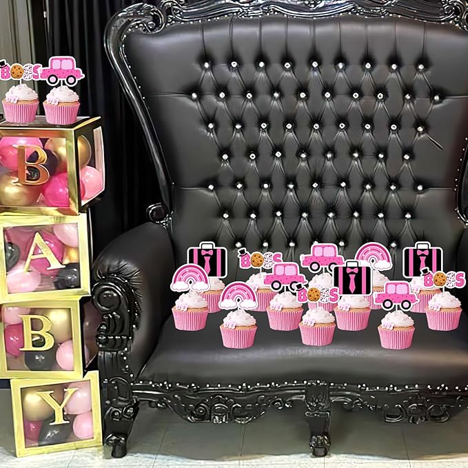 36Pcs Boss Cupcake Toppers for Girls Hot Pink Happy Bossday Theme Birthday Party Decorations Car Boss Theme Table Topper for Baby Boy Boss 1st 2nd 3rd Birthday Party Decor Supplies