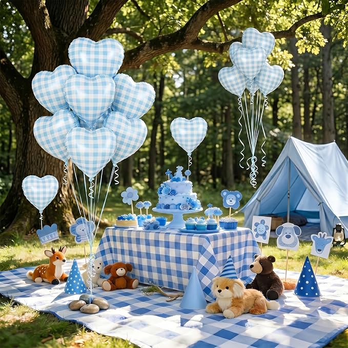 Blue Checkered Heart Balloons, 18 Inch Pastel Blue and White Gingham Heart Shaped Foil Balloon, 10Pcs Plaid Helium Balloon for Boy Baby Shower Retro Y2K Picnic Farmhouse Goose Checkerboard Theme Party