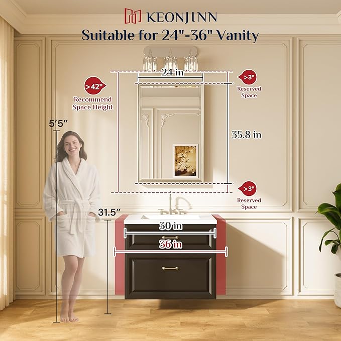 Keonjinn 24" x 36" Black Bathroom Mirror, Brushed Black Framed Mirror for Wall, Beveled Tempered Glass, Decorative Wide Frame, Rustproof, Rectangular Bathroom Vanity Mirrors with Square Corner