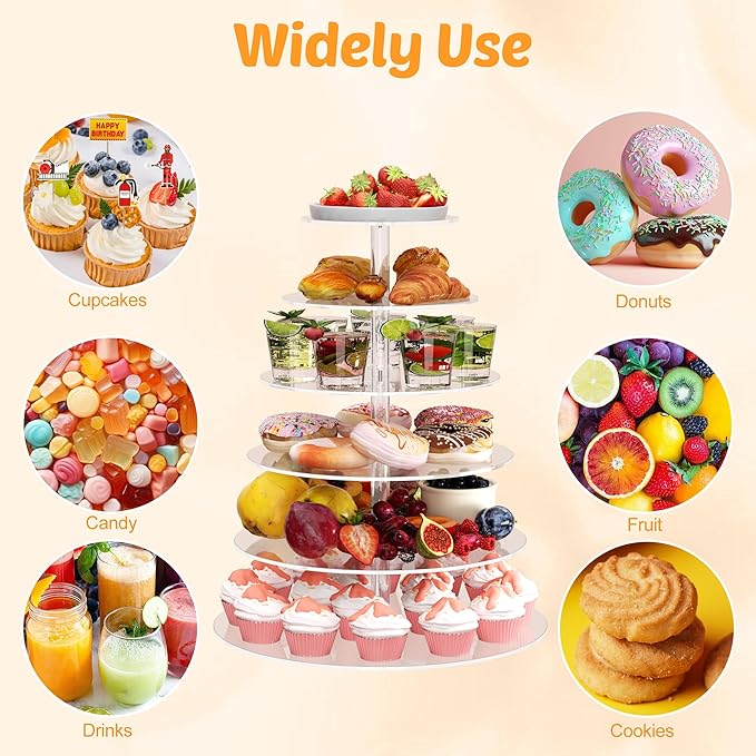 6 Tier Large Acrylic Round Cupcake Stand, Clear Wedding Cupcake Tower Stand, Cupcake Tier Stands for Dessert Table, Tiered Cupcake Holder Stand, Cupcake Display Stand