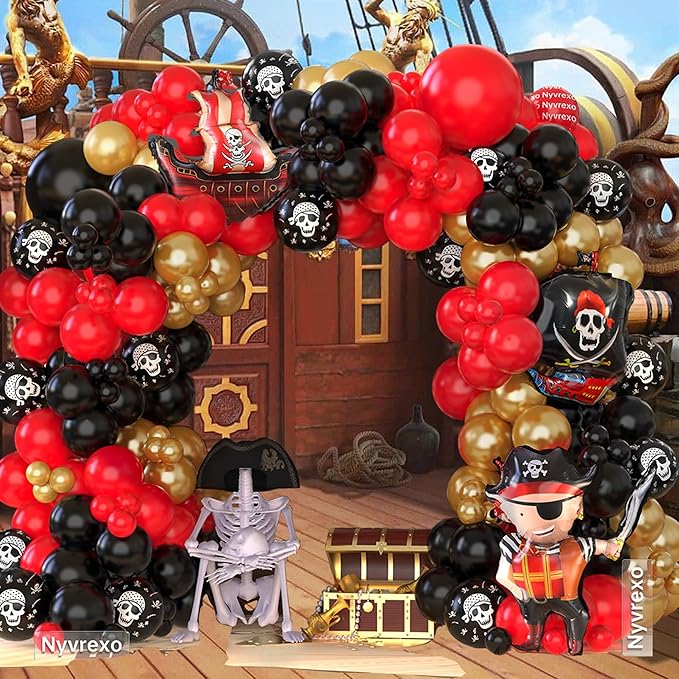 Pirate Birthday Party Decorations, 142Pcs Red Black Metallic Gold Balloon Garland Arch Kit Pirate Ship Foil Mylar Balloon for Halloween Pirate Summer Pool Sea Sailing Adventure Ocean Theme Party
