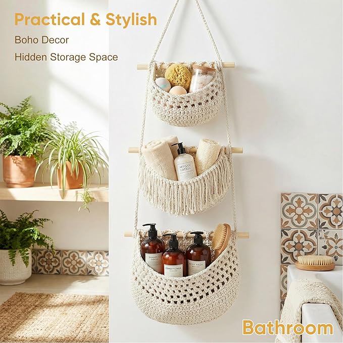 Macrame 3-Tier Hanging Wall Basket, Handwoven Jute Storage Organizer, Boho Decor for Kitchen, Bathroom, Living Room, Natural Cotton Rope Fruit Holder (White)