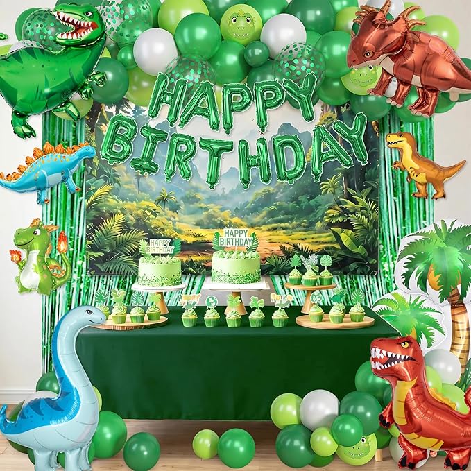 Dinosaur Birthday Party Decorations Supplies, 123Pcs Dinosaur Dark Lime Green White Balloons Garland Arch Kit Happy Birthday Dino Foil Balloon Curtain for Kids Boys Dino Jungle Safari Baby Shower