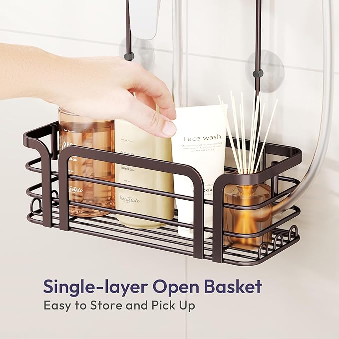 SWTYMIKI Shower Caddy Hanging Organizer - Over the Door Shower Caddy with 6 Hooks, 2 Installation Ways, Stainless Steel Rustproof Bathroom Organizer, Bronze