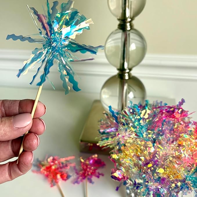 14PCS Foil Firework Cupcake Toppers, 7 Color Happy Birthday Cake Toppers, Sparkle Tinsel Flower Drink Stirrers Cocktail Food Fruit Toothpicks for Cake Decoration Party Supplies