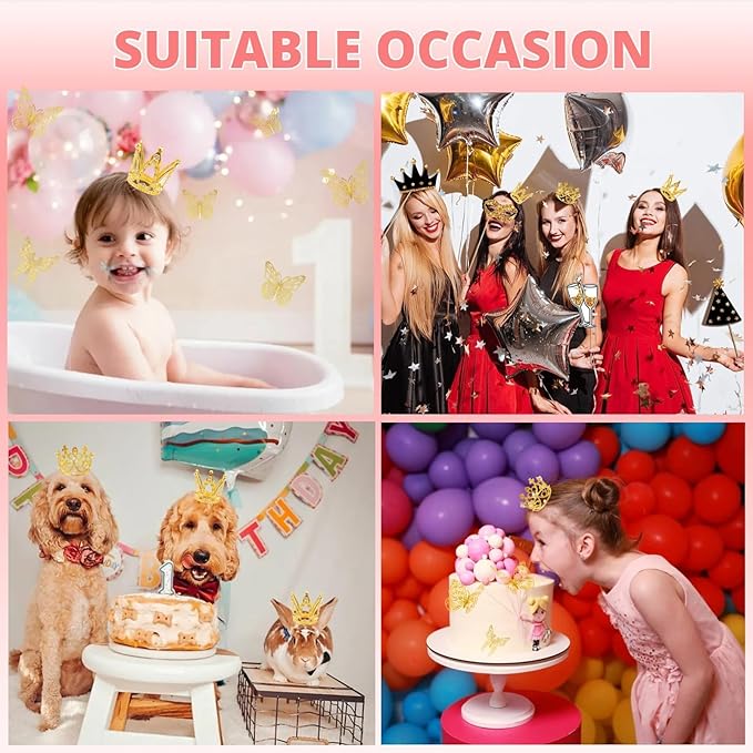 42PCS Mini Crown Cake Topper Mini Tiara with 3D Gold Butterfly Decoration Vintage Pearl Rhinestone Crown Cake Topper Cupcake Topper Cake Decoration for Birthday Wedding Anniversity Party Baby Shower