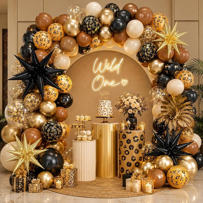 Cheetah Print Balloon, 12 Inch Black Brown Gold Balloons with Leopard Print Balloons Star Foil Balloons Leopard Jungle Animal Decorations for Cheetah Theme Birthday Cherry Vintage Party Supplies