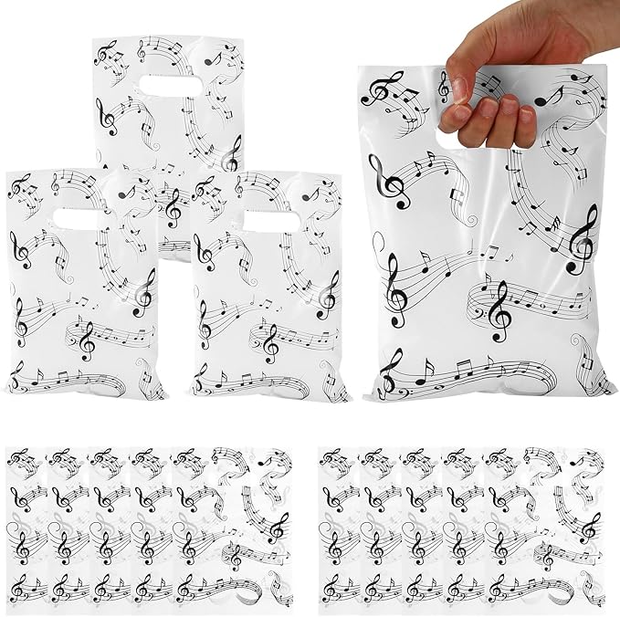 50pcs Music Note Gift Bags, Music Themed Favor Bags with Handles Candy Goodie Treat Wrapping Handbags for Art Teacher Student Birthday Christmas Party Supplies