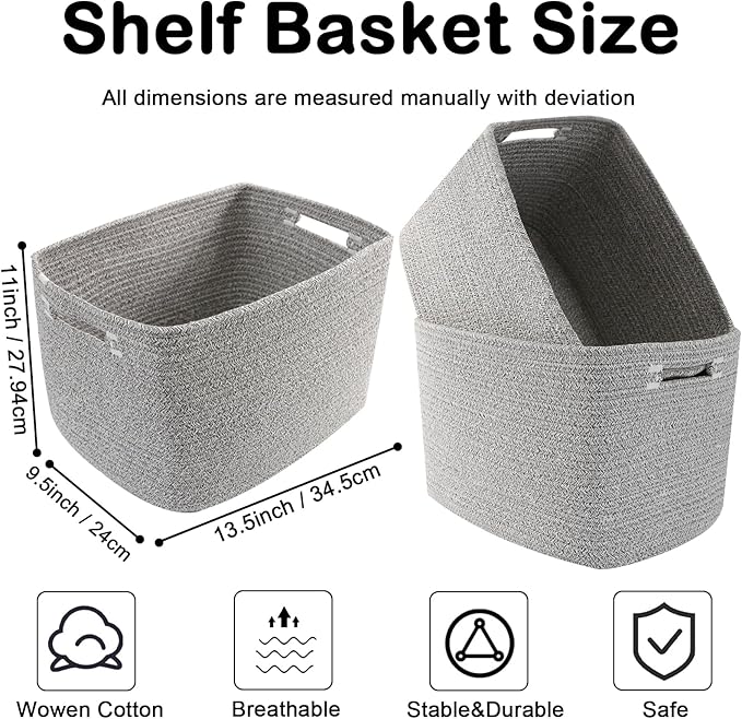 3 Pack Woven Rope Storage Baskets for Organizing,13.5"×11"×9.5"Storage Bins for Shelves,Perfect for Toys,Books,Towels,Clothes,Empty Gift Baskets for Nursery,Living Room&Bedroom(Mix Grey)