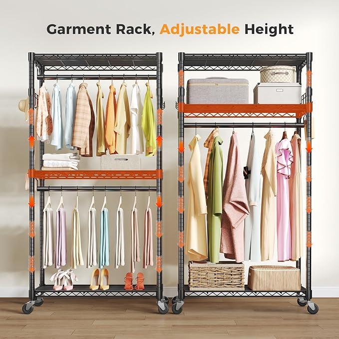 NEWBULIG Heavy Duty Adjustable Clothes Rack with Wheels, Adjustable Rolling Metal Freestanding Garment Closet Organizer with Double Rods & 2 Side Hooks for Hanging Clothes, 35" x 15" x 75", Black