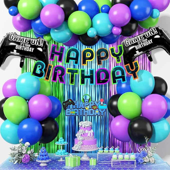 Video Game Birthday Decorations for Boys, Purple Blue Green Black Latex Balloons Gaming Controller Foil Balloons Happy Birthday Banner Fringe Curtain Cake Topper for Kids Boy Game Night Party Decor