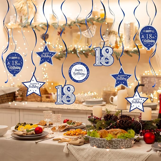 Happy 18th Birthday Blue & Silver Glitter Swirls Streamers Party Decorations - 15 Pcs 18th Birthday Hanging Swirls Streamers Kit,Cheers to Eighteen Years Old Bday Party Sign.