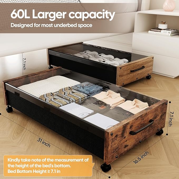 KITHELP Under Bed Storage with Wheels, Wooden Under Bed Drawers 2 Packs, Rolling Underbed Storage Containers Organizer with Handle Removable Lid, Heavy Duty Metal Frame for Clothes Shoe Books(Black)