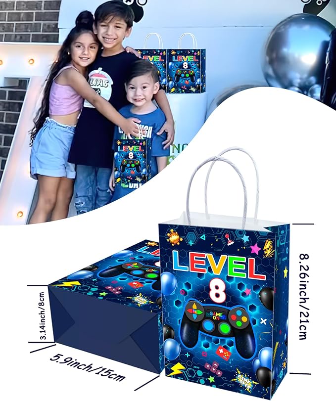 Tyndallrays 16 Pieces Video Game 8th Birthday Party Favors Bags,Video Game Level 8 Gift Snacks Treat Candy Favors Bags with Handles for 8th Birthday Party Decorations