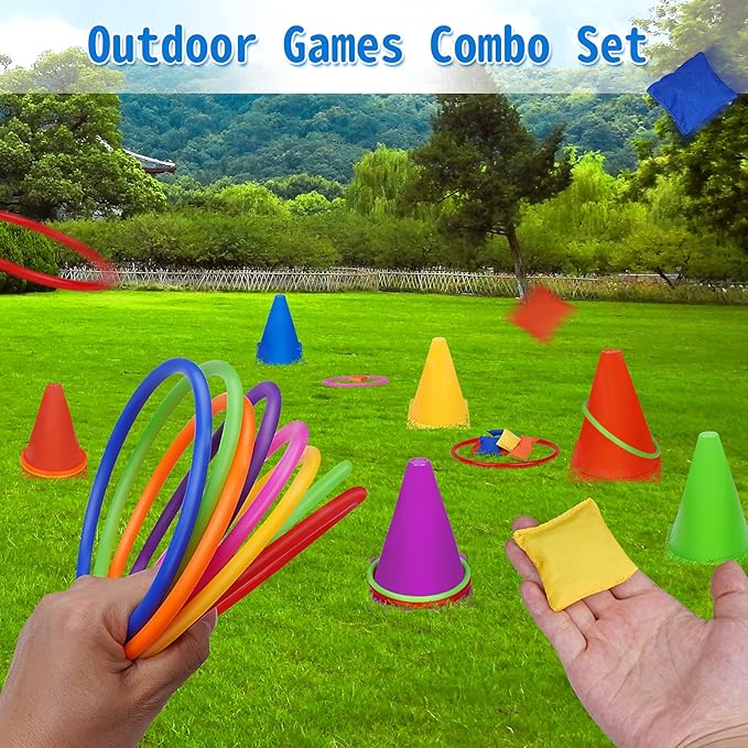 Win SPORTS 3 in 1 Carnival Outdoor Games Combo Set, Soft Plastic Cones Cornhole Bean Bags Ring Toss Games,for Kids Adults Indoor Outdoor Birthday Party Lawn Games Supplies (26 Pieces