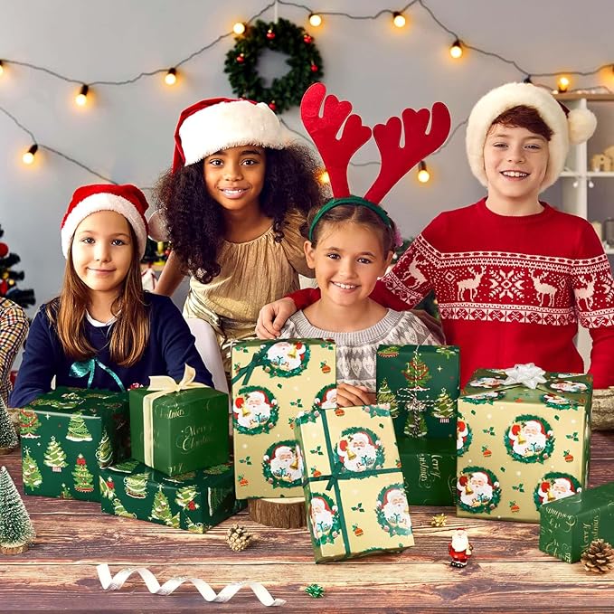 WERNNSAI Christmas Wrapping Paper Rolls - 3 Rolls 17”x 120” Kids Santa Wrapping Paper Xmas Gift Wrap Papers Merry Christmas and Xmas Tree Design for Girls Boys Holidays Party Gift Decoration