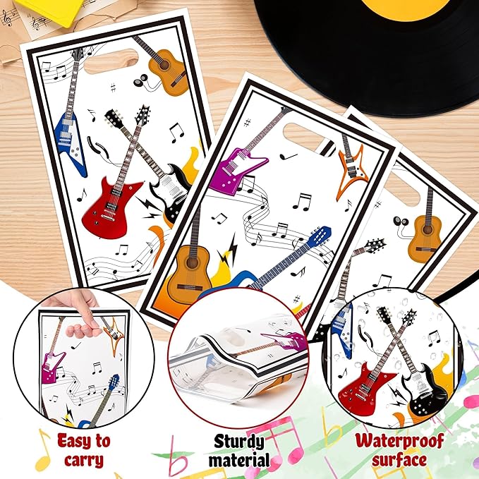 ANGOLIO Music Party Favor Bags - 50 Popular Singer Guitar Gift Bags Die Cut Plastic Candy Snack Goodie Treat with Handle for Boys Girls Birthday Musical Theme Party Anniversary Back to School Supplies
