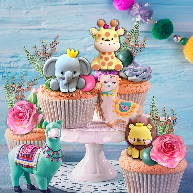 22pcs Safari Jungle Animal Cake Toppers Flower Balls Cake Decoration with Boho Palm Leave Forest Animal Toys and Artificial Flowers for Boys Girls Safari Theme Birthday Party Supplies