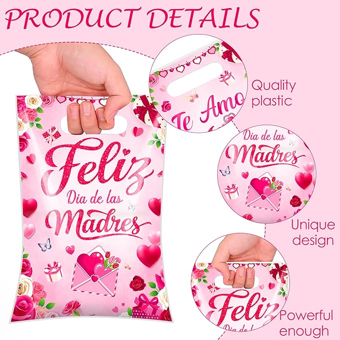 Hokinaa Mothers Day Gift Bags - 50 Pcs Feliz Día de Las Madres Bolsas de Regalo Spanish Happy Pink Floral Flower Large Plastic Goodie Treat Party Favors Snack Candy Bag Bulk with Handles for Women Mom