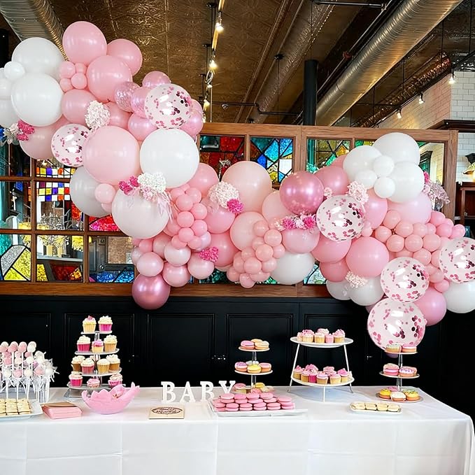 60pcs Pink Balloons Set, 12inch White and Metallic Pastel Baby Pink Confetti Balloons for Wedding Bridal Shower Baby Shower Women Girl Princess Birthday Decorations