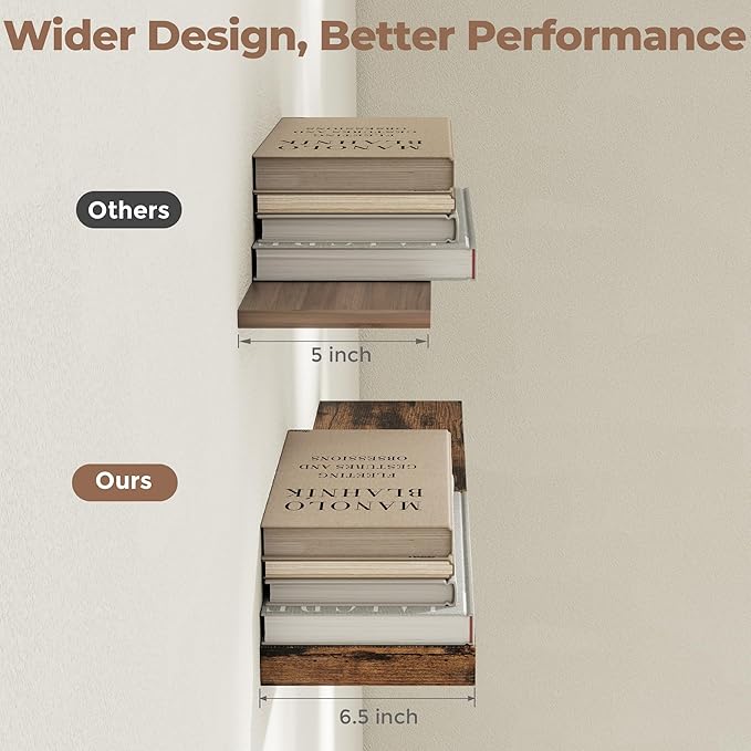 Venusmiles Floating Shelves for Wall, 24 Inch Floating Shelves Set of 2, 6.5" D Wooden Wall Mounted Display Shelves with Invisible Brackets for Living Room, Bedroom, Bathroom, Kitchen Decor, Brown