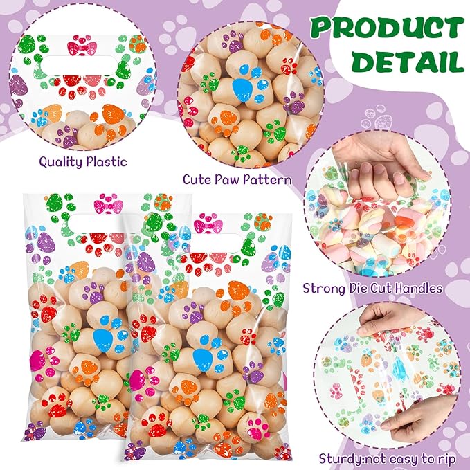 Pasimy 100 Pcs Dog Paw Gift Bags Bulk Pet Paw Puppy Plastic Treat Favor Candy Goodie Bags with Handle for Dog Birthday Party Decoration Supplies(Clear Colorful)