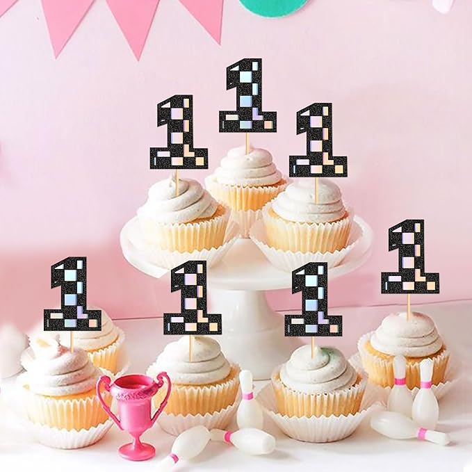 Ercadio 24Pcs Number 1 Cupcake Toppers Checkered One Cupcake Picks for Smiley Assorted Racing Car Theme Baby Shower 1st Birthday Party Cake Decoration Supplies