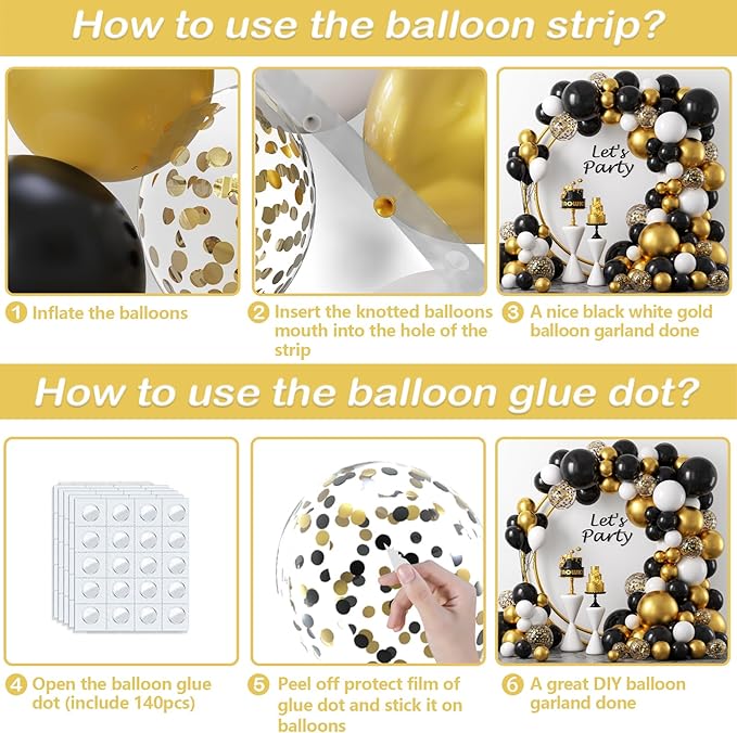 YAOWKY Black and Gold Balloons Arch Garland Kit,124pcs 18 12 10 5 Inch Black White and Gold Black Confetti Balloons for New Years Eve Party, Graduation, Birthday, Wedding, Baby Shower Decorations