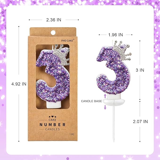 Birthday Number Candles,Purple Crown Birthday Candles for Cake,Glitter Number 3 Candle Cake Topper with Sequins for Anniversary Celebrations Supplies