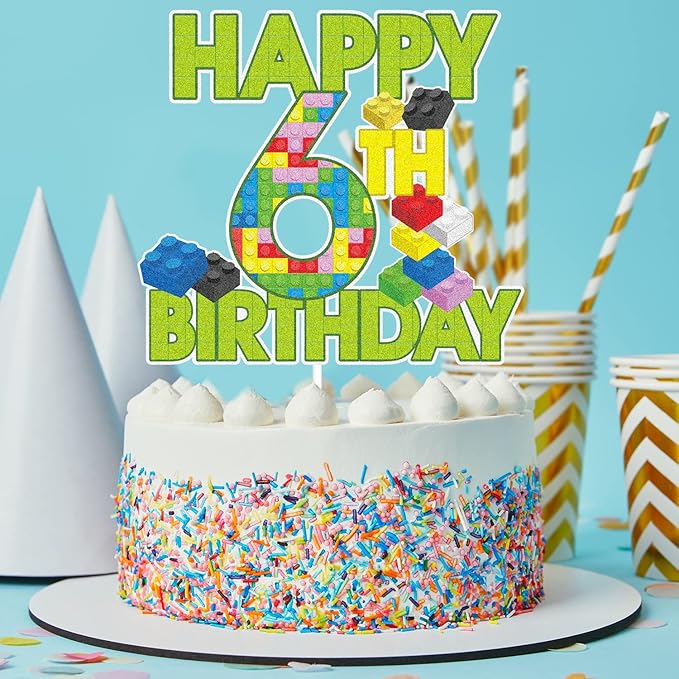 Happy 6th Birthday Building Block Cake Topper - Puzzle Games Boy's 6th Birthday Party Green Cake Topper Supplies - Building Block Party Decoration For Boy