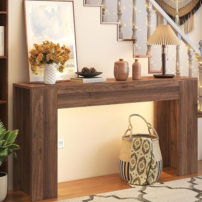 knoworld 63-Inch Long Console Table with LED Light, Farmhouse Sofa Table Behind Couch, Wooden Console Table for Entryway Hallway Entrance Living Room, Brown