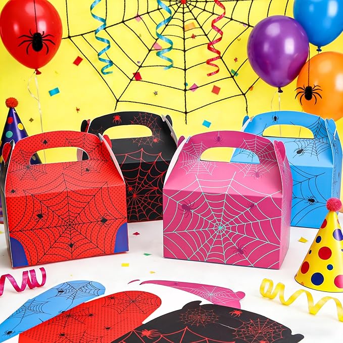 Beehaam 24 Pack Spider Party Favor Treat Boxes, Spider Web Theme Gable Gift Bags | Large Candy Goodie Cake Snack Paper Bags for Happy Birthday Baby Shower Party Decorations Supplies