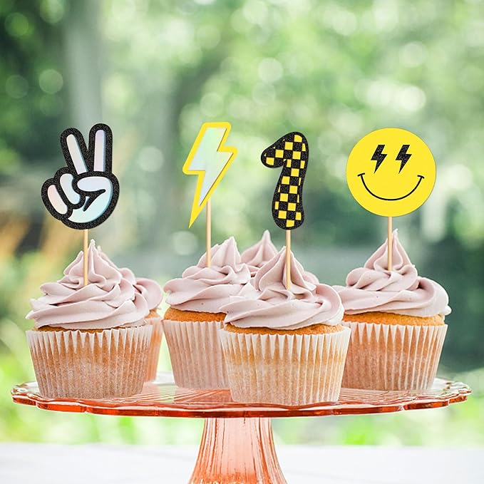 Ercadio 24 Pack Smile Cupcake Toppers Yellow 1 Lightning Scissorhands Cupcake Picks Smiley Assorted Cake For Girls Baby Shower Birthday Party Cake Decoration Supplies