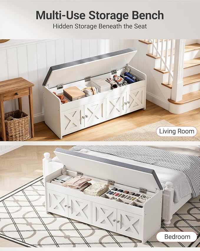 Pipishell Shoe Storage Bench, 2-Tier with Cushioned Seat, Entryway Bench with Adjustable Shelf & Barn Doors, 300 lbs Capacity, 47.2" x 15" x 18", for Entryway, Bedroom, Living Room, White
