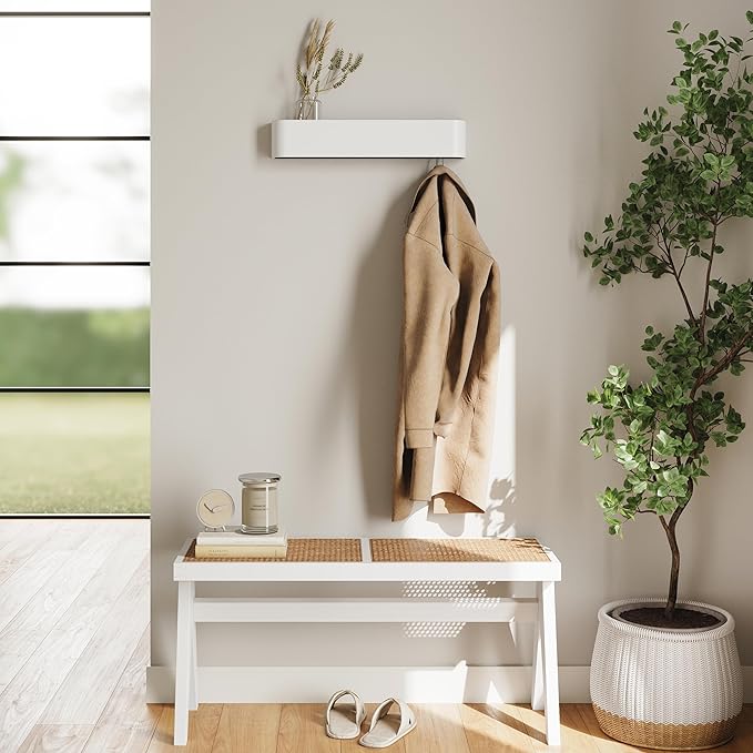 Kazai. Wall-Mounted Coat Rack 'Toke' - Modern Design Coat Rack with Hidden Wall Hooks - Solid Wood Veneer Panel Coat Hanger - White
