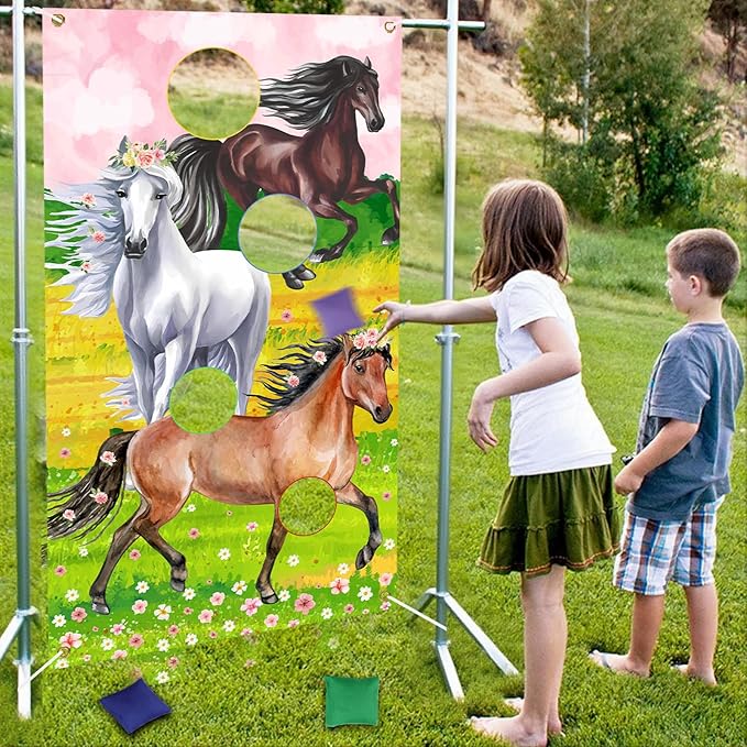 Horse Toss Games with 3 Bean Bags Pink - Horse Birthday Party Games Include Horse Toss Game Banner and Bean Bags for Girls Adults, Western Cowgirl Theme Birthday Party Indoor Outdoor
