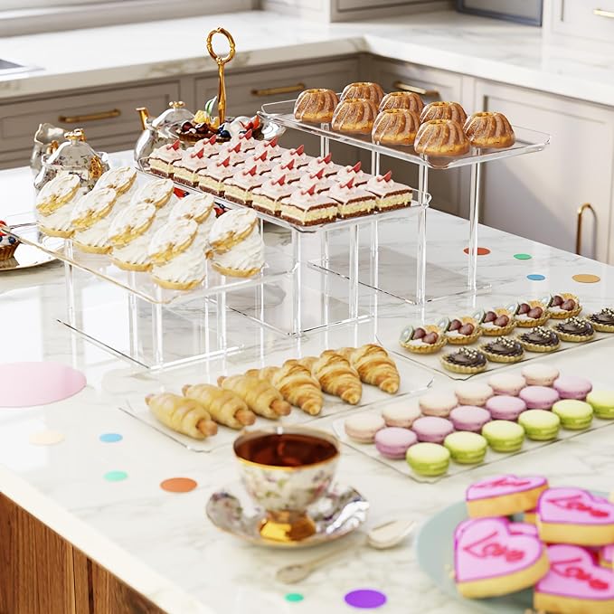HeiMma 6 Pack Dessert Table Display Set, Clear Acrylic Dessert Display Stands with 3 Pack Dessert Tray Platters Buffet Risers for Pastry Food Fruit Candy Treat for Wedding Birthday Party