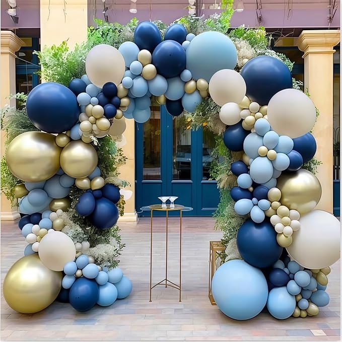 Navy Blue Balloon Arch Kit, Dusty Light Blue Gold Balloon Garland White Sand Cream Metallic Gold Balloons for Wedding Bridal Baby Shower Gender Reveal Graduation Birthday Party Decorations Supplies