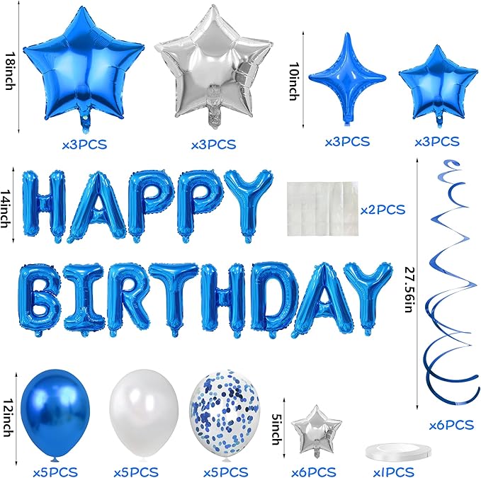 56 PCS Happy Birthday Balloons Happy Birthday Banner Silver and Black Balloons for Boys Men Girls Women 16th 18th 20th 21st 25th 30th 40th 50th 60th Birthday Party Decorations (Blue)