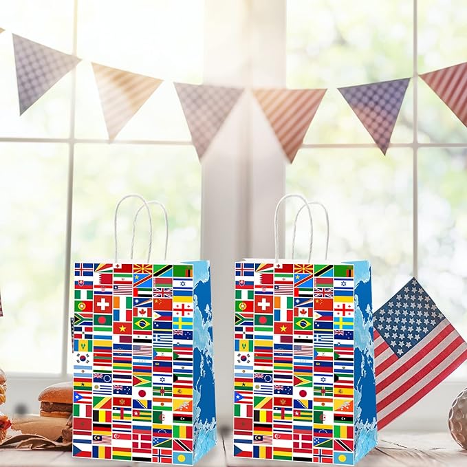 gisgfim 12 Pieces World Country Flags Party Favor Bags International Birthday Goodie Candy Treat Paper Bags Travel Trip Around The World Party Supplies Decorations for Baby Shower Birthday Gifts