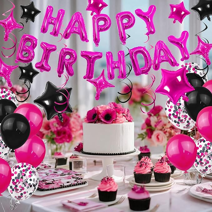 56 PCS Happy Birthday Balloons Happy Birthday Banner Rose Red and Black Balloons for Boys Men Girls Women 16th 18th 20th 21st 25th 30th 40th 50th 60th Birthday Party Decorations