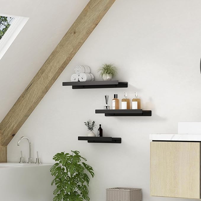 Floating Shelves for Wall, Wall Mounted Shelves with Lip for Storage, Metal Display Shelves for Home Decor, Kitchen/Living Room/Bedroom/Bathroom Shelf, Black 12 inch 1 Pack