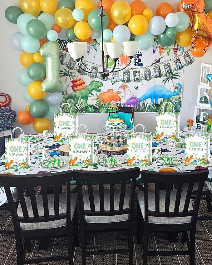 Roselush 16 Pcs One a Saurus Dinosaur 1st Birthday Goodie Bag,Dinosaur 1st Birthday Gift Snacks Treat Candy Party Favors Bags for Kids First Bday Party Decorations Supplies