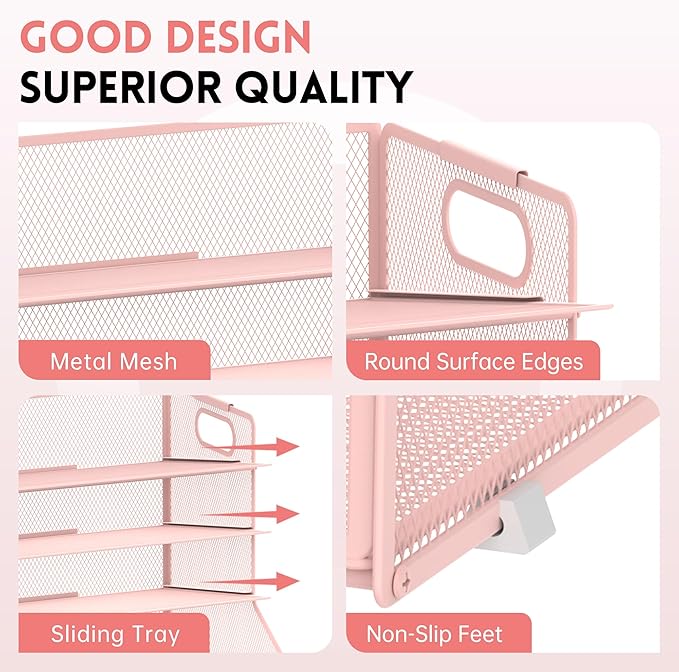DALTACK Mesh Desk Organizer, 5-Tier Paper Letter Tray with File Holder & Pen Holder & Sliding Drawer, Desktop Organizer and Storage for Desk Accessories Office Supplies, Pink