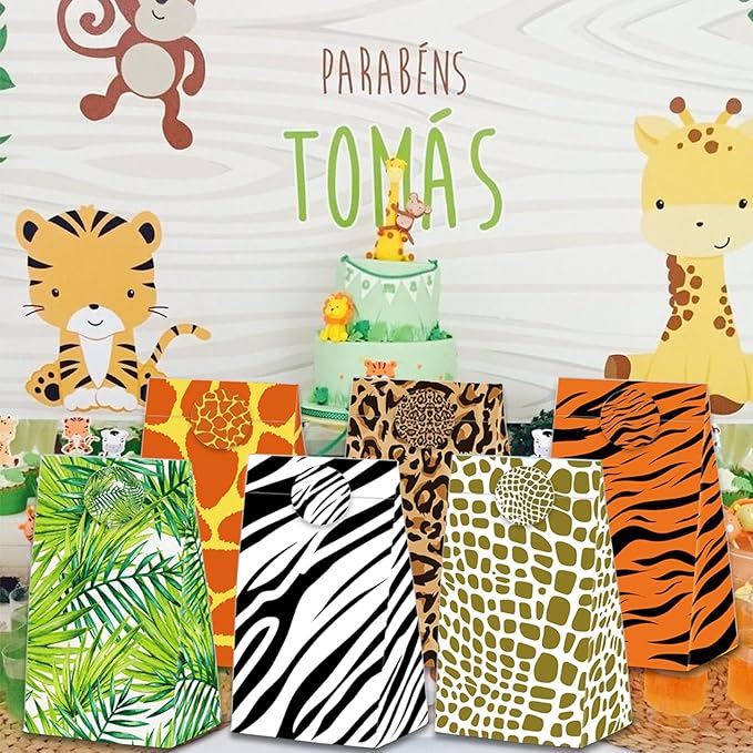24 Pcs Animal Print Goodie Bags Wildlife Print Gift Bags with Stickers -Wild Life Animal Themed Birthday Party Favor Bags, Leopard Tiger Zebra Giraffe Pattern for Animal Themed for Party Decoration Supplies