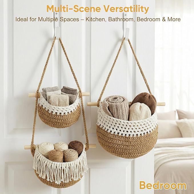 Macrame 3-Tier Hanging Wall Basket, Handwoven Jute Storage Organizer, Boho Decor for Kitchen, Bathroom, Living Room, Natural Cotton Rope Fruit Holder (White)