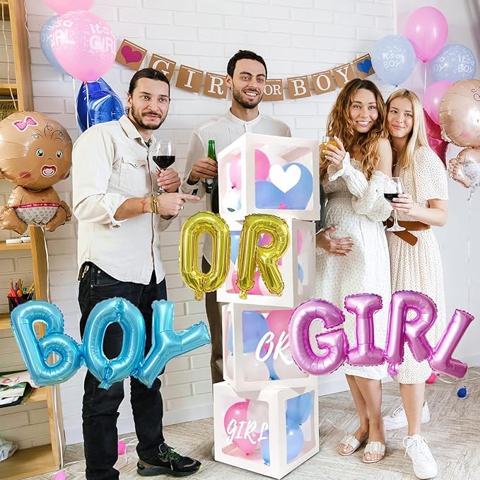 Upgraded Uppercase Block Script BOY OR GIRL Balloons, Gender Reveal Letter Balloon Banner Set, Pink and Blue Foil Mylar GIRL BOY Balloon for Gender Reveal Baby Shower Party Decorations