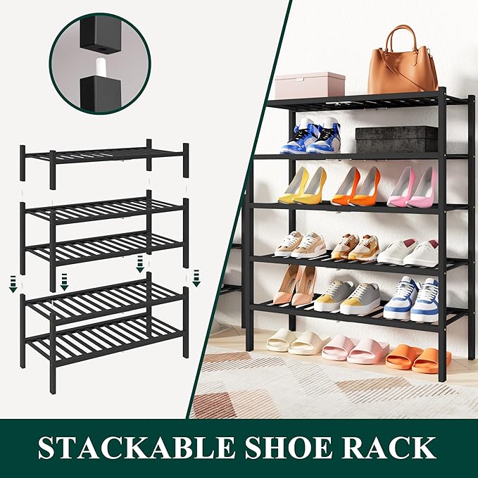 Smiry Bamboo Shoe Rack, 4 Tier Free Standing Wooden Shoe Organizer, Stackable Wood Shoe Storage Shelf for Closet, Entryway, 14 Vertical Slats, 2+2 Stack Heavy-Duty Legs, 26.8"x11"x26", Black